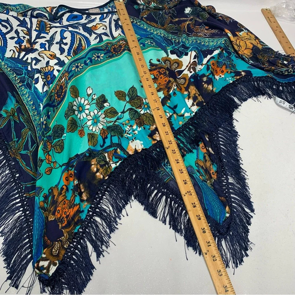 Chicos Fringe Poncho Top‎ OS  Blue Floral Lightweight Boho Fairy Tropical Travel - Picture 8 of 8